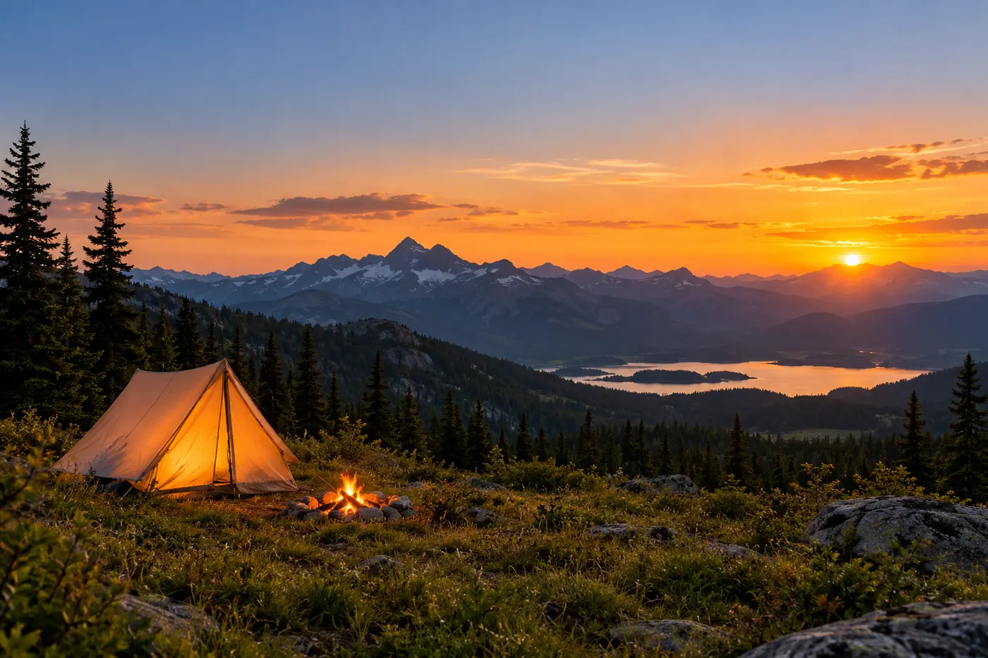 Tent glowing at dusk above a mountain valley