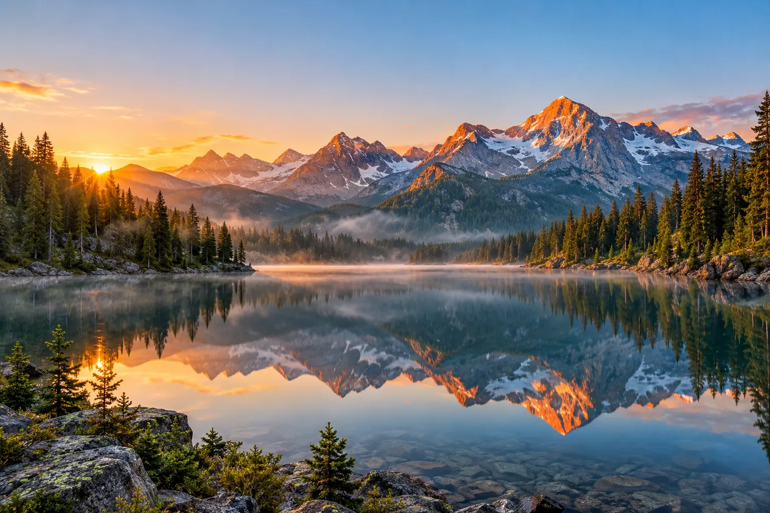 Calm alpine lake reflecting snow-capped peaks at sunrise