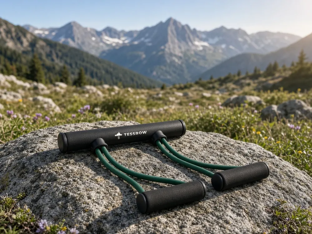 Pedal resistance band on a granite boulder in a mountain meadow, Tessrow logo printed on the foot bar
