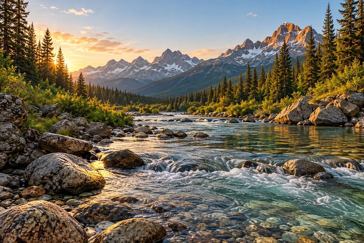 Clear mountain river running over rocks beneath forested peaks