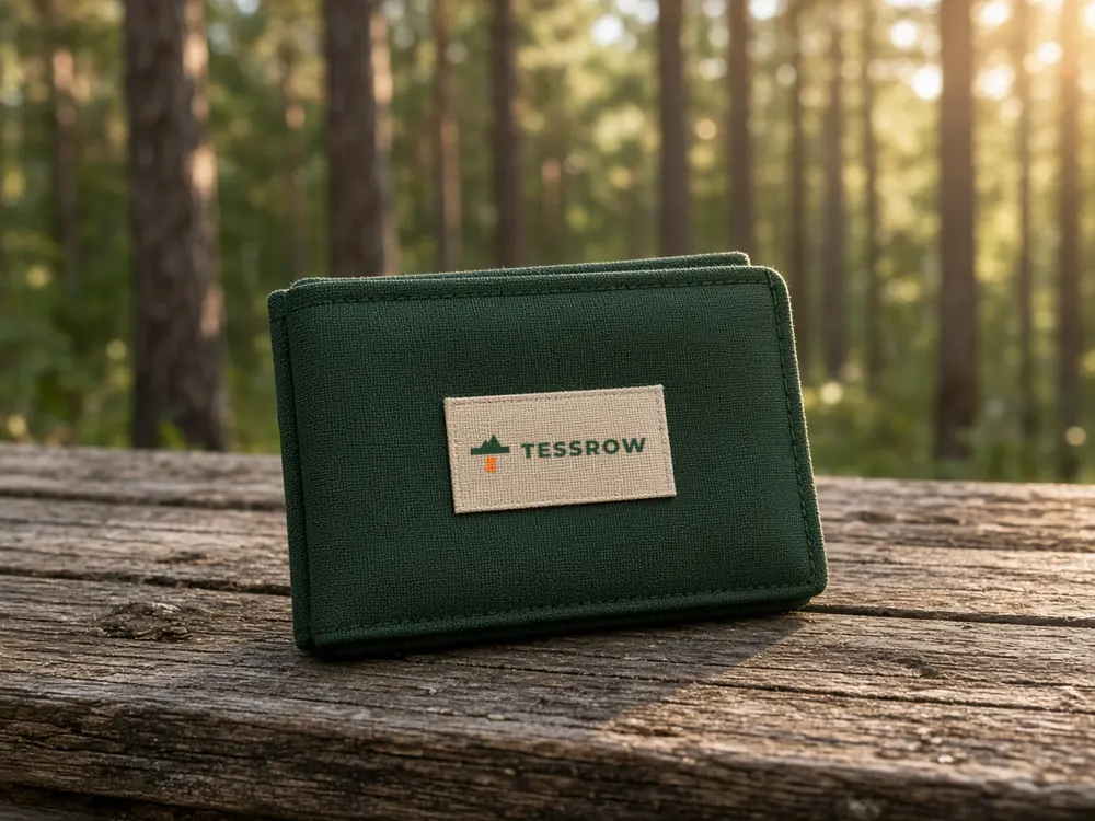 Wallet on a wooden camp table with a map and compass, Tessrow logo printed on the front